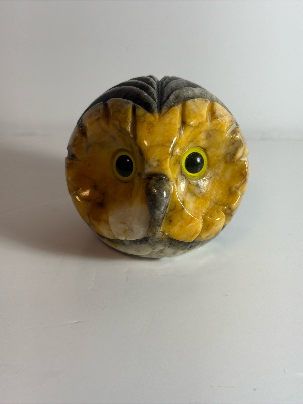 Vintage 1970s Hand Carved Italian Alabaster "Owl" Paperweight w/ Glass Eyes!!